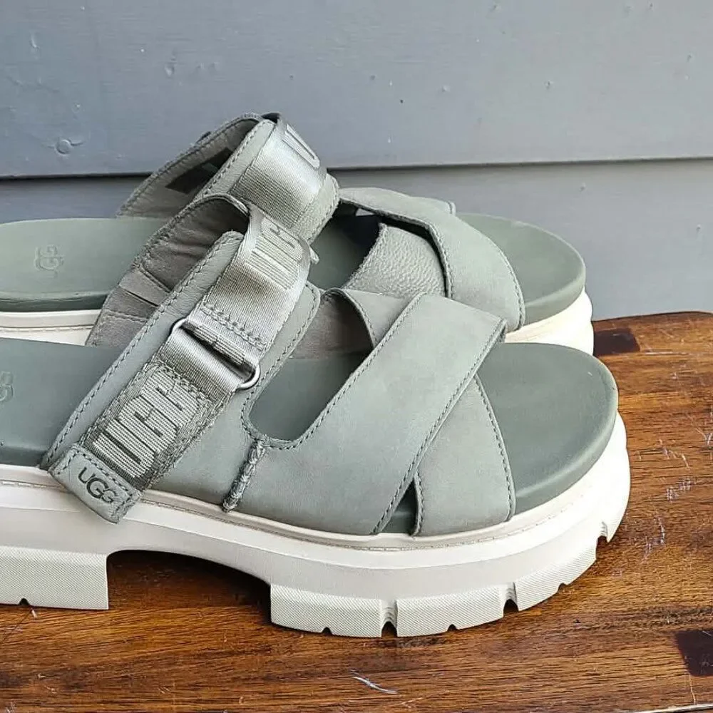 UGG Ashton Slide Gray Green Leather Logo Platform Sandals size 10